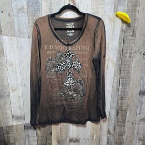 Velvet Stone Brown Graphic Cheetah Cross Tee Alternative Punk McBling